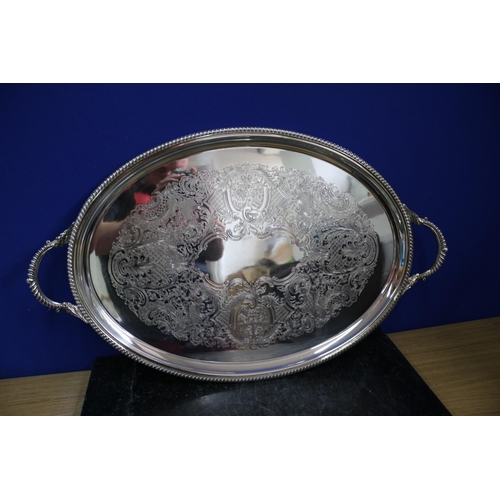 387 - Large Silver Plated Tray with Etching, Barker Ellis, 61.5cm Long