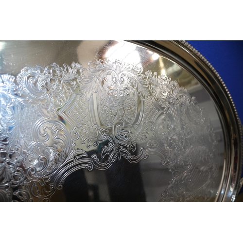 387 - Large Silver Plated Tray with Etching, Barker Ellis, 61.5cm Long