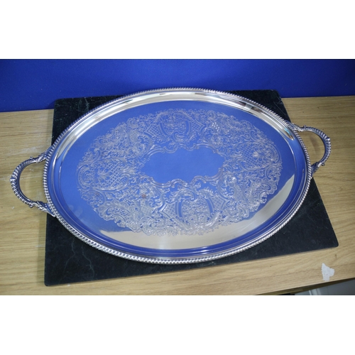 387 - Large Silver Plated Tray with Etching, Barker Ellis, 61.5cm Long