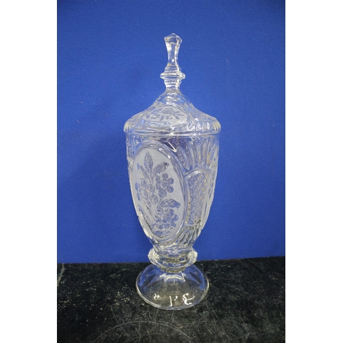 395 - Believed to be Bohemian Pedestal Candy Jar, Etched, 37cm Tall