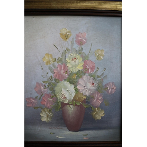 401 - Oil of Flowers in Vase, 38 x 33cm Signed Soreal