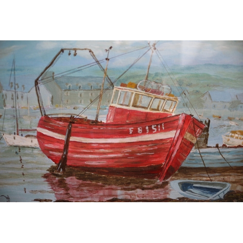 405 - Oil Picture of Red Fishing Ship 35.5 x 46 cm