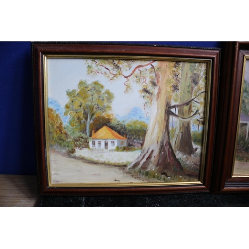 408 - Australian Oil Paintings on Board of House and Trees, Countryside Scene, Signed D. Ellis - 31 c 26cm