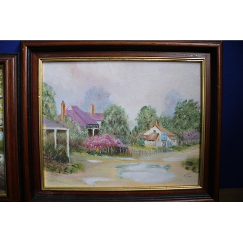 408 - Australian Oil Paintings on Board of House and Trees, Countryside Scene, Signed D. Ellis - 31 c 26cm