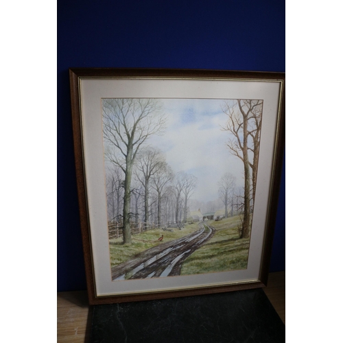 415 - Original Watercolour Depicting A Landscape Track Scene with Pheasant. 63cm x 54cm. R. Lerpiniere Sig... 