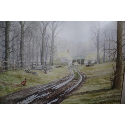 415 - Original Watercolour Depicting A Landscape Track Scene with Pheasant. 63cm x 54cm. R. Lerpiniere Sig... 