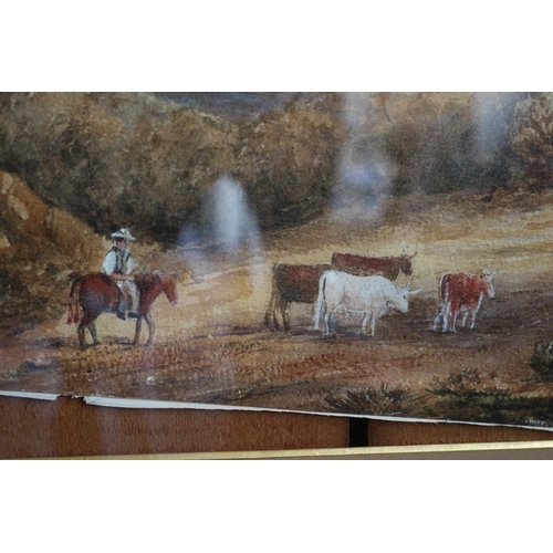 422 - Aged Watercolour of Cowboy with Cows, Mountain Scene, 60 x 47cm