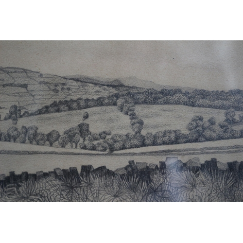 430 - Pencil Drawing of Hills, Signed, 39 x 30cm