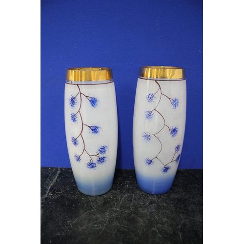 436 - 2 Hand Painted Mid Century Glass Vases, 25.5cm Tall