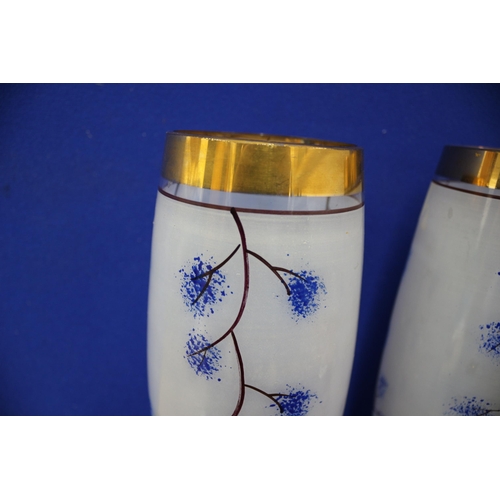 436 - 2 Hand Painted Mid Century Glass Vases, 25.5cm Tall