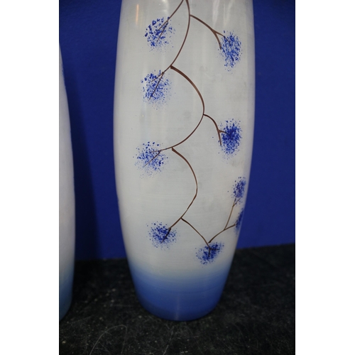 436 - 2 Hand Painted Mid Century Glass Vases, 25.5cm Tall