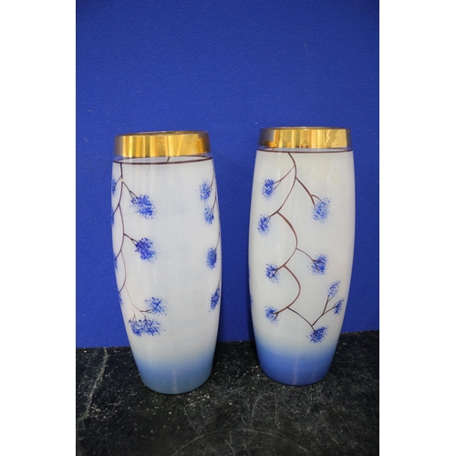 436 - 2 Hand Painted Mid Century Glass Vases, 25.5cm Tall