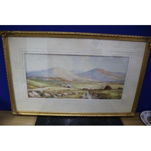 473 - Signed Watercolour of Fields and Mountain Scene