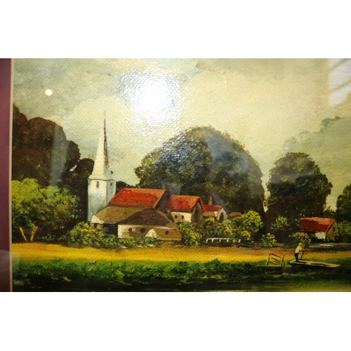 474 - Oil on Board F&G of River, Church etc, 68 x 52 cm