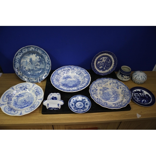 501 - Collection of Blue & White Plates, some aged, Largest is 26.5cm