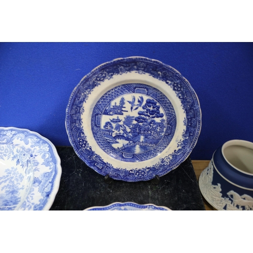 501 - Collection of Blue & White Plates, some aged, Largest is 26.5cm