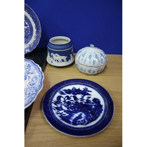 501 - Collection of Blue & White Plates, some aged, Largest is 26.5cm