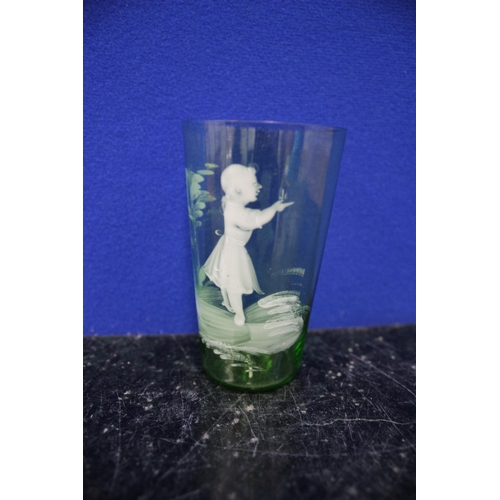 505 - Green Mary Gregory , Aged Glass, Bubbles in Glass, 9.5cm tall