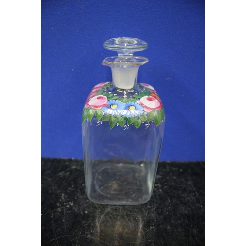 508 - Floral Hand Painted Glass Decanter, 21cm Tall