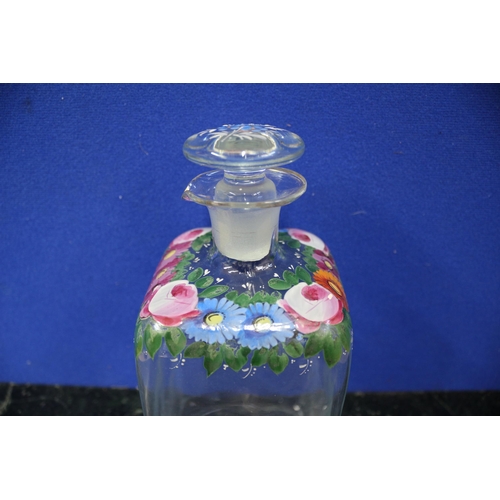 508 - Floral Hand Painted Glass Decanter, 21cm Tall