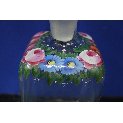 508 - Floral Hand Painted Glass Decanter, 21cm Tall