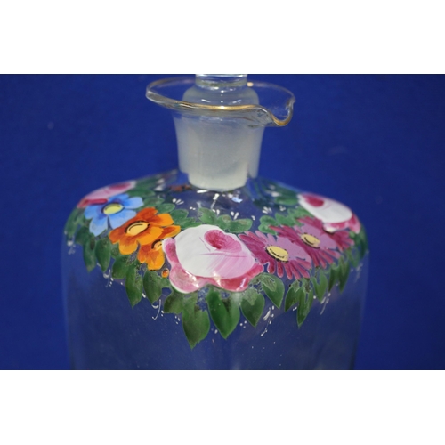 508 - Floral Hand Painted Glass Decanter, 21cm Tall