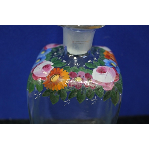 508 - Floral Hand Painted Glass Decanter, 21cm Tall