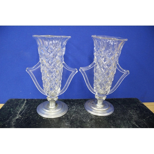 511 - Pair of Rindskoph White Metal Bottomed Glass Vases - Circa 1935