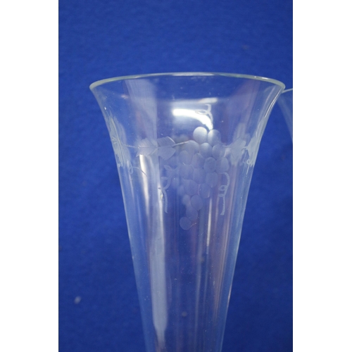 536 - 3 x Tall Champagne Flute Glasses with Grape Vine Etching - 25cm