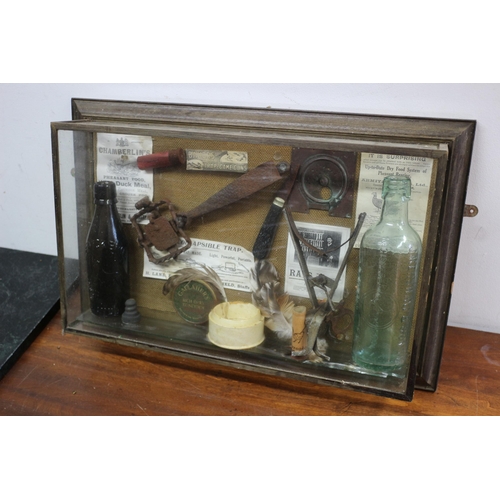 650 - Victorian 3D Glass Mounted Display Panel including Hunting Items 
57.5cm long x 37.5cm 
Shelf A/F