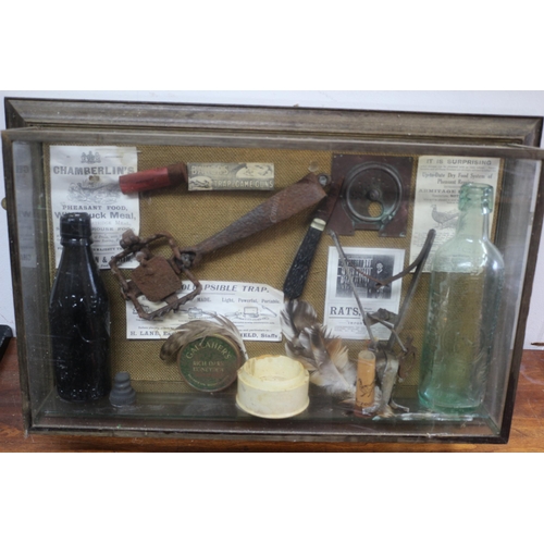 650 - Victorian 3D Glass Mounted Display Panel including Hunting Items 
57.5cm long x 37.5cm 
Shelf A/F