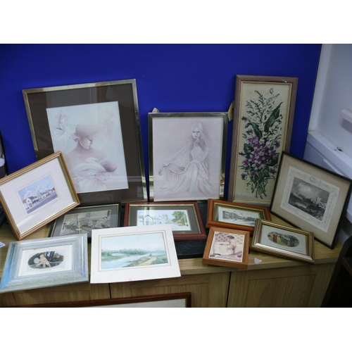 59 - Mixed media pictures including engravings, tile, etchings, prints and watercolours