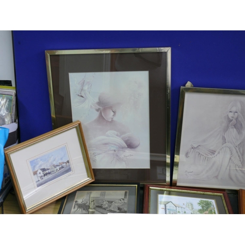 59 - Mixed media pictures including engravings, tile, etchings, prints and watercolours