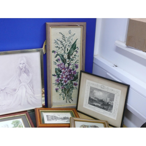 59 - Mixed media pictures including engravings, tile, etchings, prints and watercolours