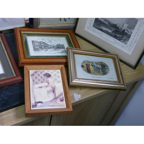 59 - Mixed media pictures including engravings, tile, etchings, prints and watercolours