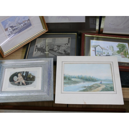 59 - Mixed media pictures including engravings, tile, etchings, prints and watercolours