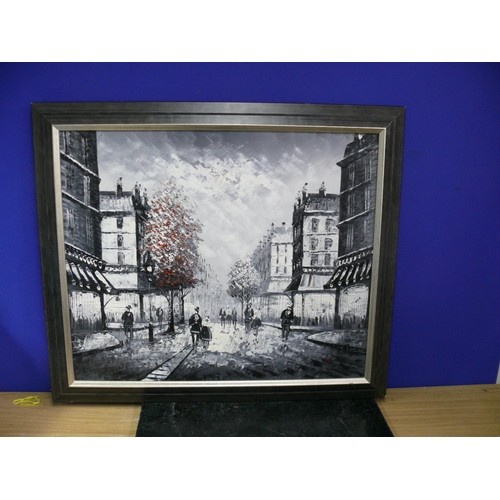 67 - Signed oil on canvas of city, 73 x 63cm