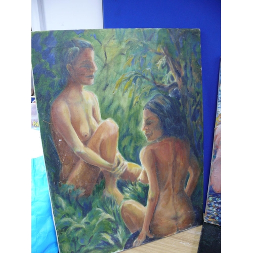 77 - 3 x Nudist oil on canvas, largest is 45 x 60cm