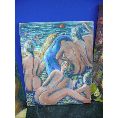 77 - 3 x Nudist oil on canvas, largest is 45 x 60cm