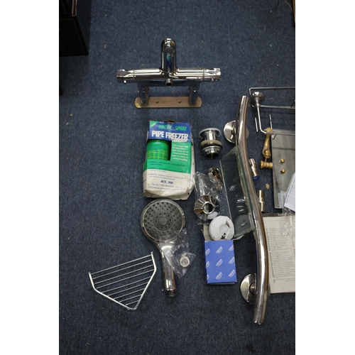 140 - Mixed Plumbing Items, including vintage mirror with brass fish, new mixer tap etc