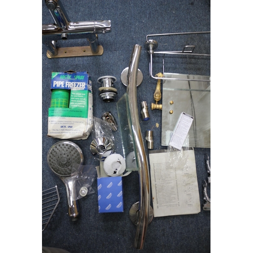 140 - Mixed Plumbing Items, including vintage mirror with brass fish, new mixer tap etc