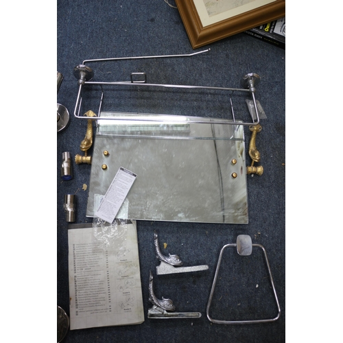 140 - Mixed Plumbing Items, including vintage mirror with brass fish, new mixer tap etc