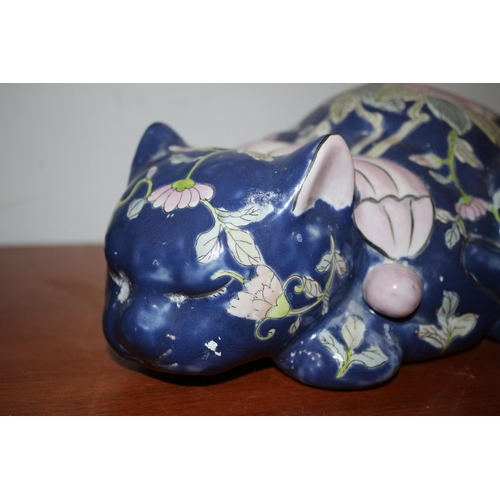 157 - Large Chinese Pottery Cat with Blue Floral Design and Character Marks, 34cm in Length