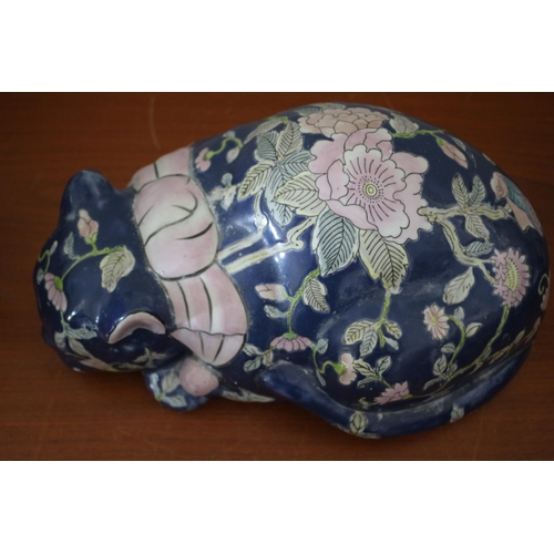 157 - Large Chinese Pottery Cat with Blue Floral Design and Character Marks, 34cm in Length