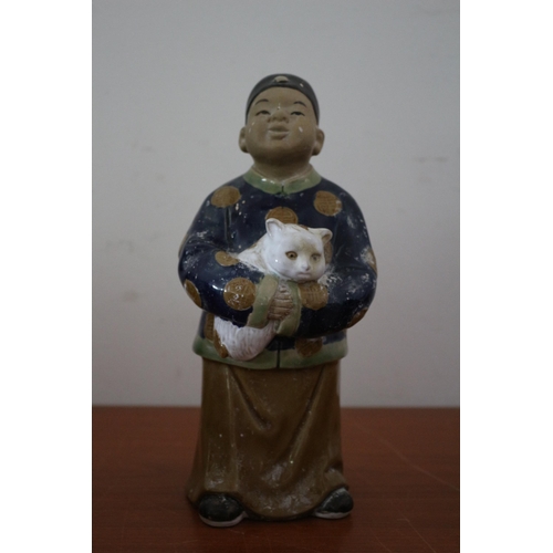 159 - Chinese Mud Man Male Holding a Cat Figure, 24cm High