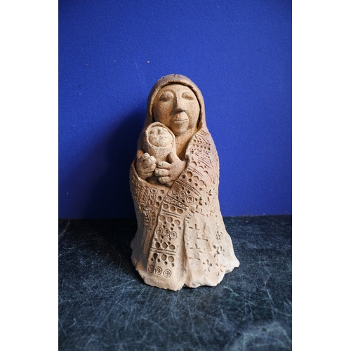 124 - Hand Made Concrete Figure of Person With a Baby, Possibly Religious, 23cm Tall