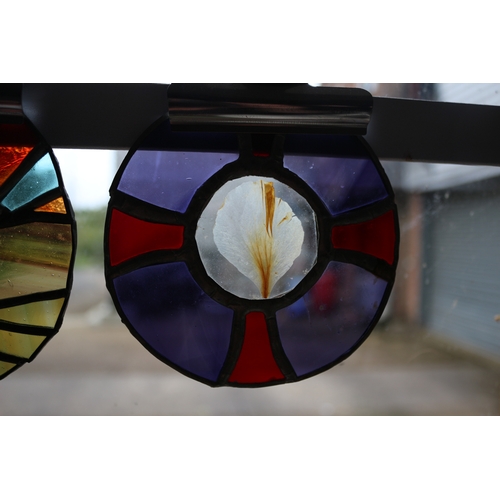 126 - 2x Leaded Glass Circular Windows, One With  Petal Set Inside, 12cm Diameter