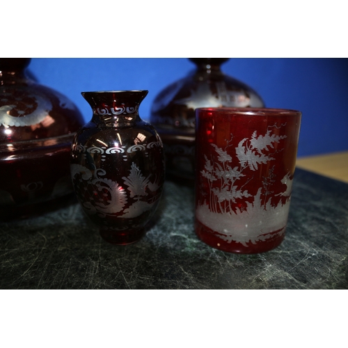 127 - Set of 3 Ruby Red Bohemian Glassware Plus 2 Egermann Bohemian Etched Dome Covered Dishes, Czech Art ... 