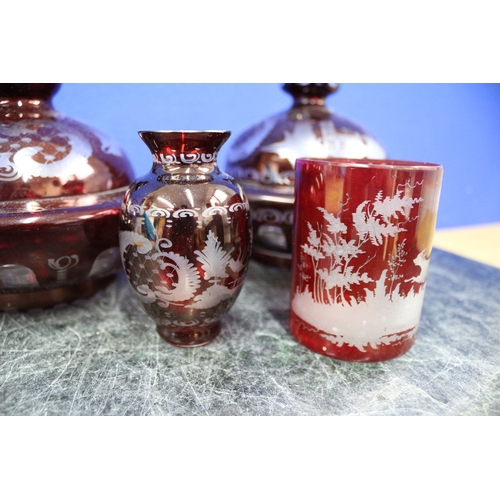 127 - Set of 3 Ruby Red Bohemian Glassware Plus 2 Egermann Bohemian Etched Dome Covered Dishes, Czech Art ... 