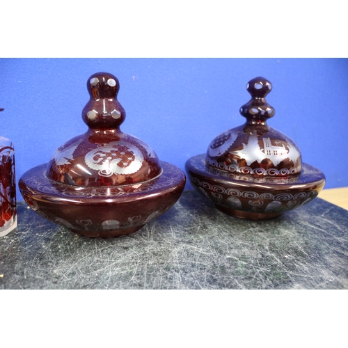 127 - Set of 3 Ruby Red Bohemian Glassware Plus 2 Egermann Bohemian Etched Dome Covered Dishes, Czech Art ... 